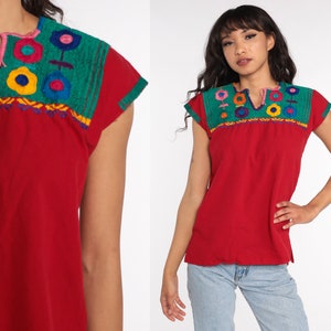 Mexican EMBROIDERED Blouse Hippie Top Floral Shirt Boho Shirt FESTIVAL Tunic Bohemian Vintage Retro Red Small image 1