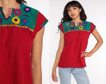 Mexican EMBROIDERED Blouse Hippie Top Floral Shirt Boho Shirt FESTIVAL Tunic Bohemian Vintage Retro Red Small