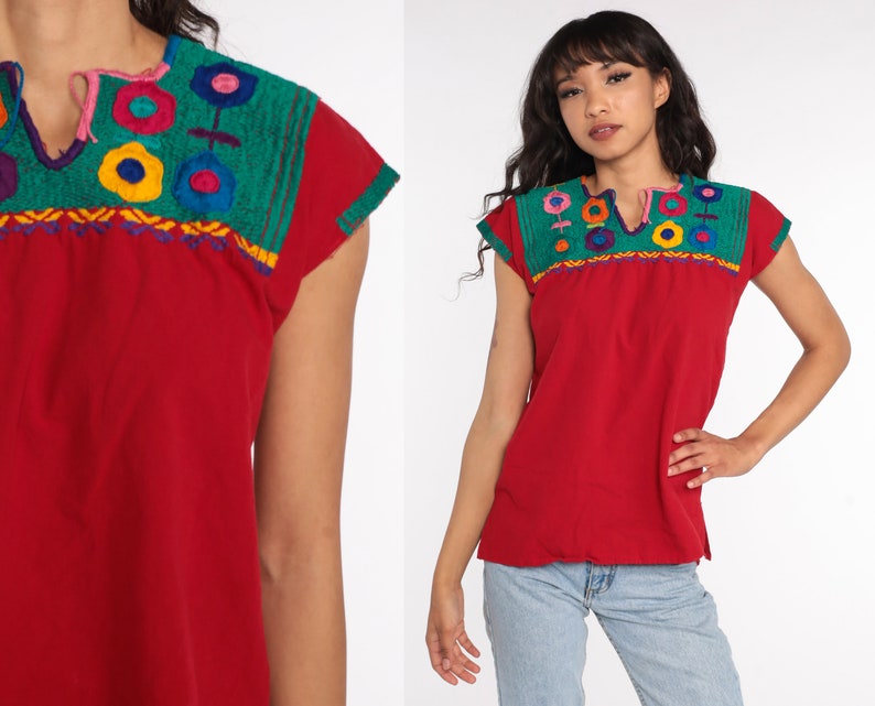 Mexican EMBROIDERED Blouse Hippie Top Floral Shirt Boho Shirt FESTIVAL Tunic Bohemian Vintage Retro Red Small image 1