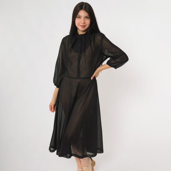 Sheer Black Dress 70s Vintage Whimsigoth Cocktail Evening Party Semi Sheer Chiffon Gothic Mod Alternative Style Large L 18