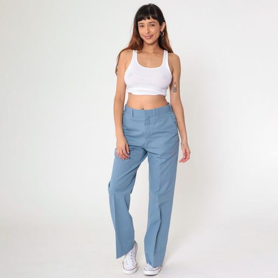 Vintage Blue Pinstripe Pants 70s Straight Leg Trousers White Stripes High Waisted Pants Retro Slacks Seventies Preppy 1970s Men's Medium 32