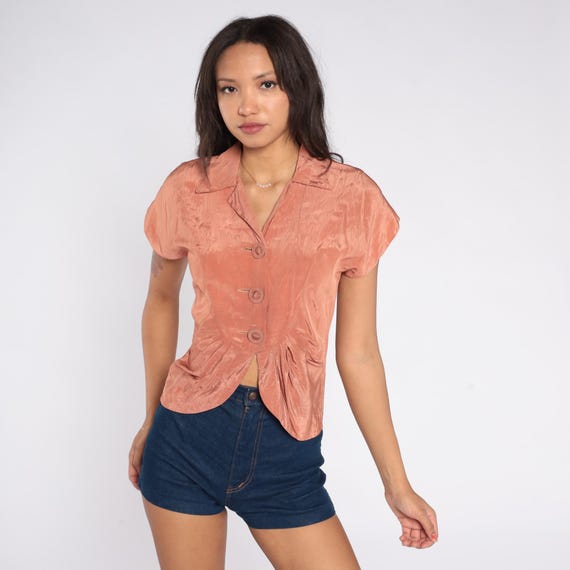 1940s Victorian Peplum Blouse Coral Pink Salmon Moiré Button Front Notched Collar Short Sleeve Vintage Fitted Edwardian Top Extra Small XS 0