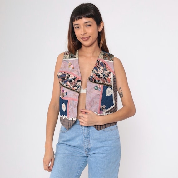 90s Reversible Patchwork Vest Vintage Chambray Plaid Checkered Floral Lace Heart Sleeveless Button Applique Pink 1990s Open Front Small S