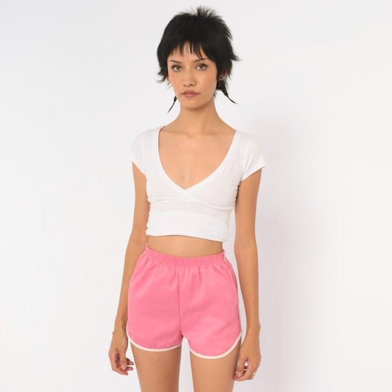 80s Pink Running Shorts White Cotton High Waist Elastic Dolphin Hem Athletic Track Gym Workout Jogging Hot Pants Extra Extra Small XXS 2XS