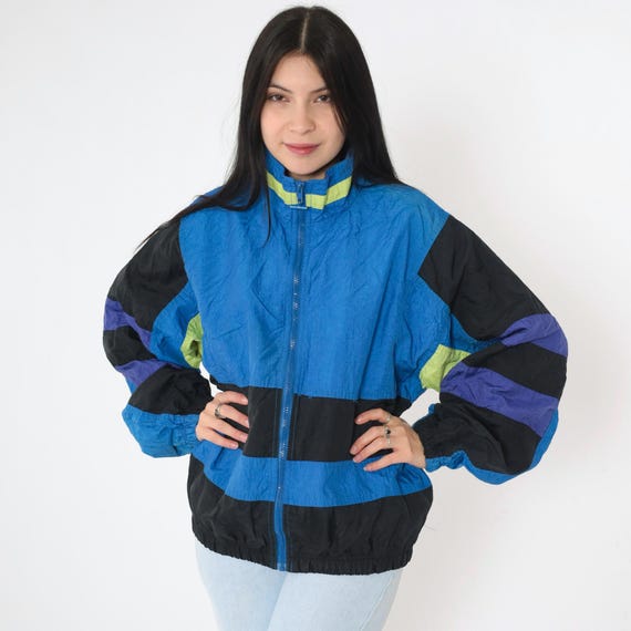 Vintage Blue Windbreaker Jacket 90s Black Purple Striped Jacket Warmup Color Block 1990s Zip Up Warm Up Oversize Medium