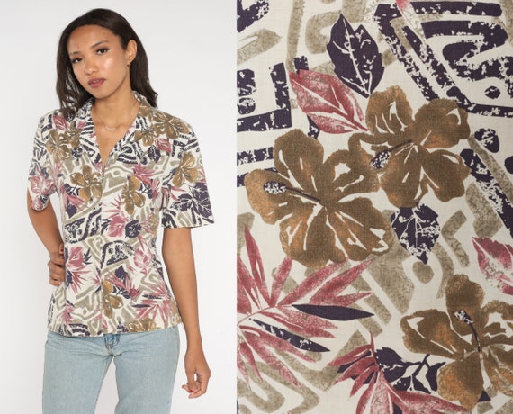 Tropical Floral Blouse 80s Button Up Shirt Off-Wh… - image 1