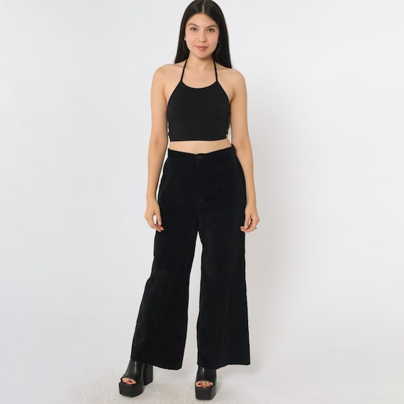 70s Black Velvet Flared Pants S Vintage Wide Leg High Rise Trouser Bell Bottoms Hippie Blue 1970s Bohemian Boho Retro Seventies Party Small