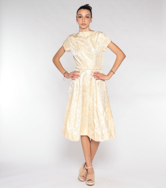 60s Party Dress Cream Brocade Floral Print Dress … - image 3