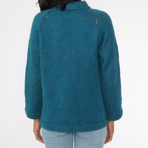 Blue Cardigan Sweater 70s Sweater Raglan Sleeve Plain Wool Blend Button Up Grandma Sweater Slouchy Boho Vintage 80s Bohemian Medium image 6