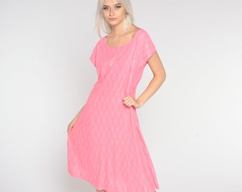 60s Lace Dress Pink Midi Dress Mod Party Dress 1960s Cocktail Bohemian Shift Vintage Boho High Waisted Sleeveless Formal Large 14 l