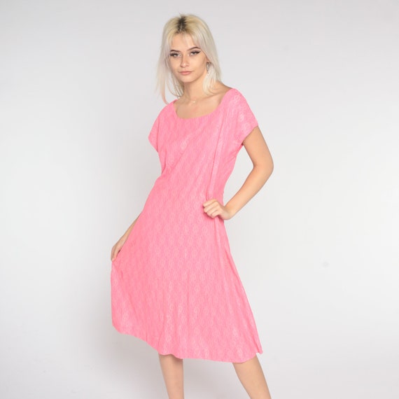 60s Lace Dress Pink Midi Dress Mod Party Dress 1960s Cocktail Bohemian Shift Vintage Boho High Waisted Sleeveless Formal Large 14 l