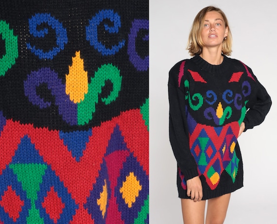 Geometric Sweater 80s 90s Knit Black Abstract Print Pullover Sweater Triangle Print Bright Jacquard Vintage Retro Long Sleeve Extra Large xl