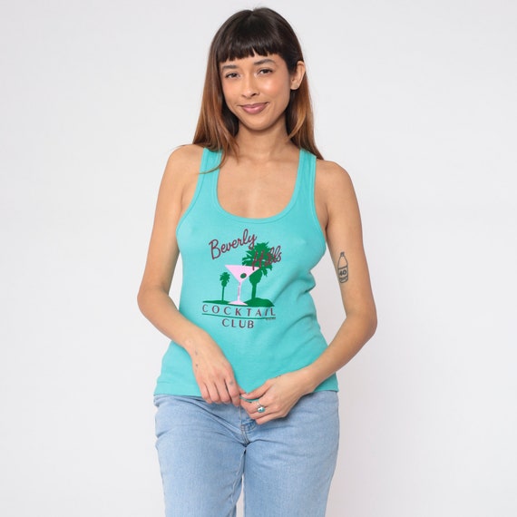 Beverly Hills Cocktail Club Shirt 90s Tank Top Los Angeles Alcohol Graphic Tee Blue Single Stitch Vintage 1990s Crazy Shirts Small Medium