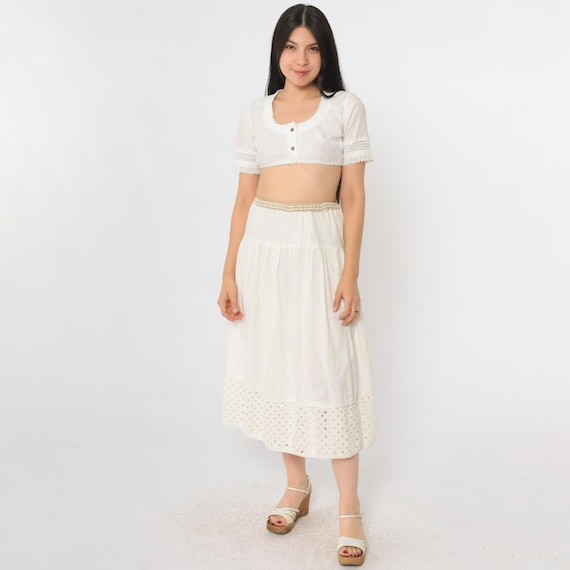 Vintage White Eyelet Peasant Skirt Cottagecore Boho Embroidered Midi Skirt Y2K A-Line High Waist 00s Hippie Festival Tiered Small S