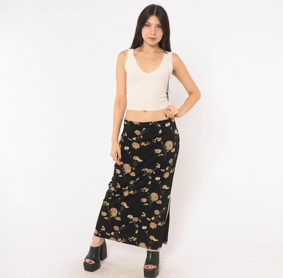 90s Black Floral Skirt Ankle Length Straight Long Tan Rose Daisy Print Dark Cottagecore Grunge Goth Witchy Whimsigoth Summer Vintage Large L