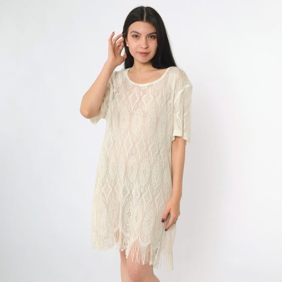 Vintage Sheer Crochet Dress 90s Metallic Fringe Lace Flapper Mini Knit Boho Party Ivory Bohemian 1990s Short Sleeve Festival Extra Large xl