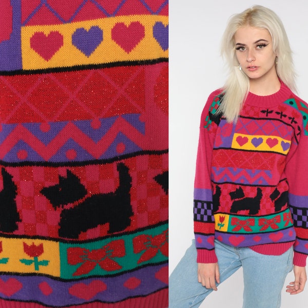 Scottie Dog Sweater 80s Kawaii Grandma Sweater Pink Knit Geometric Hearts Tulips Flowers Bows Novelty Print Pullover Retro Vintage Medium M