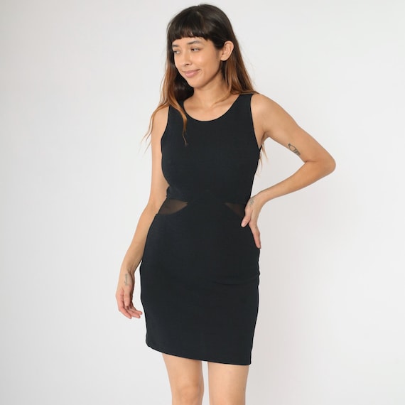 Vintage 90s Black Bodycon Dress Sheer Mesh Inset Waist Mini Cut Out 1990s Party Fitted Body Con Sexy Cocktail Glam Sleeveless Small S