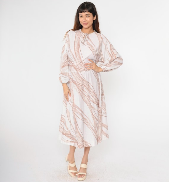 Vintage Dolman Sleeve Dress 70s Midi Dress Abstract Stripe Print Keyhole Boho Bow Neck High Waist 1970s Bohemian White Brown Small Medium