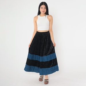Vintage Velvet Peasant Skirt 90s Tiered Denim Black Blue Boho Flounce Bohemian Long Skirt Elastic Waist Hippie Midi Retro 1990s Small Medium