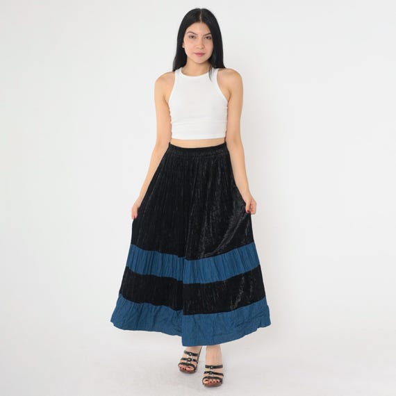 Vintage Velvet Peasant Skirt 90s Tiered Denim Black Blue Boho Flounce Bohemian Long Skirt Elastic Waist Hippie Midi Retro 1990s Small Medium