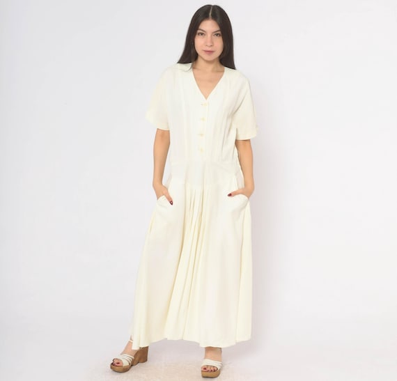 90s Button Front Dress Cream Pleated Puff Sleeve Maxi Drop Waist Prairie Sundress Spring Cottagecore Off White Summer Vintage Medium M