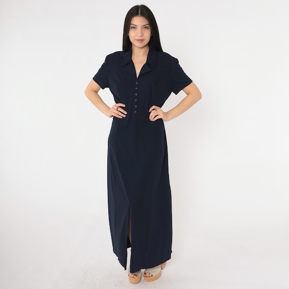 Vintage Navy Blue Day Dress 90s Button Up Maxi Dress Retro Collared V Neck Front Slit Short Sleeve Summer 1990s Large L