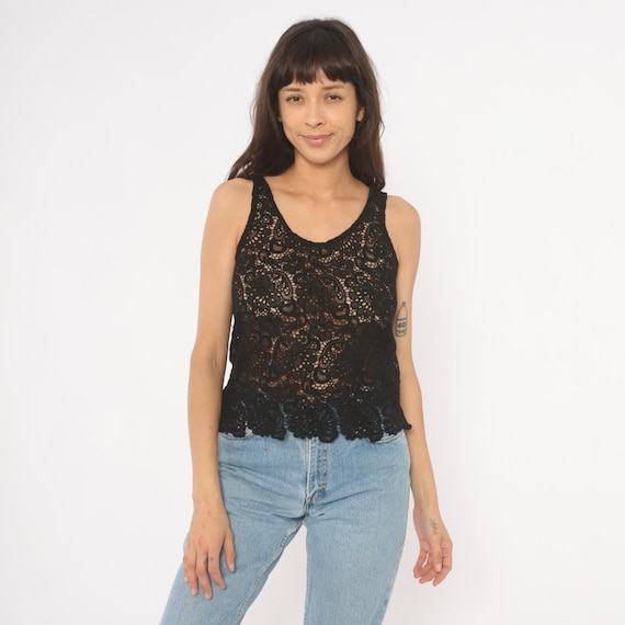 Black Crochet Lace Tank Sheer Floral Sleeveless Cropped Shell Top 90s Dark Feminine Gothic Cottagecore Grunge Alt Concert Vintage Small S