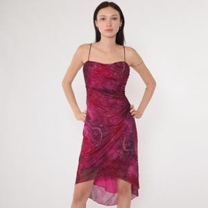 Vintage Y2K City Triangles Fuchsia Pink Asymmetrical Dress Spaghetti Strap Ruched Bodycon Dress Floral Paisley Sheer Layer Midi Dress Large