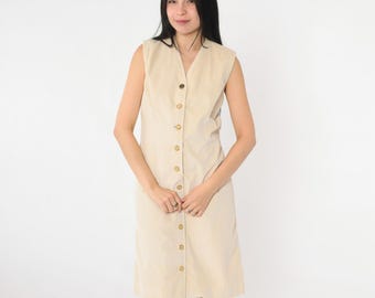Vintage Beige Corduroy Dress 90s Button Up Dress Sleeveless Knee Length Jumper Pinafore Dress Grunge Preppy Sheath V Neck 1990s Small S