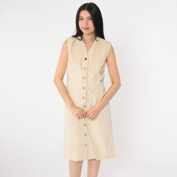Vintage Beige Corduroy Dress 90s Button Up Dress Sleeveless Knee Length Jumper Pinafore Dress Grunge Preppy Sheath V Neck 1990s Small S