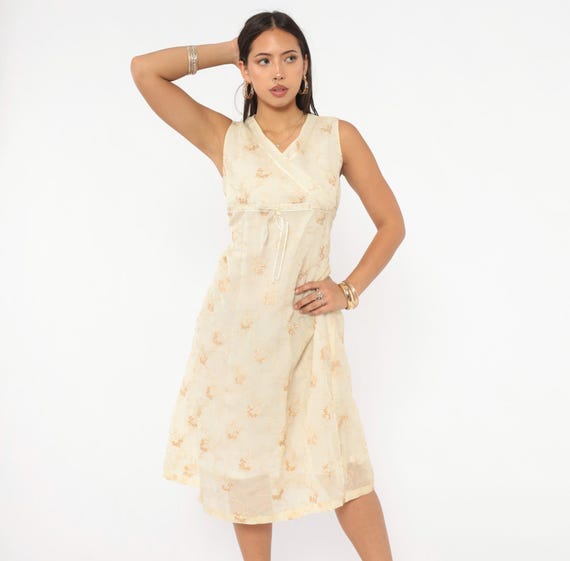 Y2k Embroidered Organza Dress Cream Floral Sleeveless Ribbon V Neck Sheer Overlay Gold Vine Prairie Feminine Summer Spring Large L