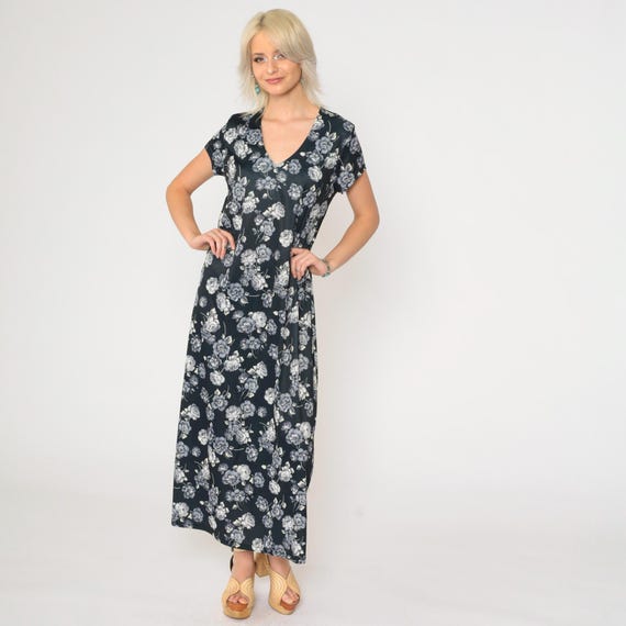 90s Black Floral Dress Graphic Rose Maxi Flower Print V Neck Boho 1990s Bohemian Hippie Dress Short Sleeve Retro Vintage Large L