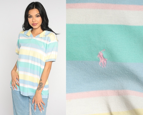 Ralph Lauren Polo Shirt 00s Striped Shirt Pastel Half Quarter Up 2000s RLP Collared Shirt Short Sleeve Vintage Yellow Blue Extra Large xl