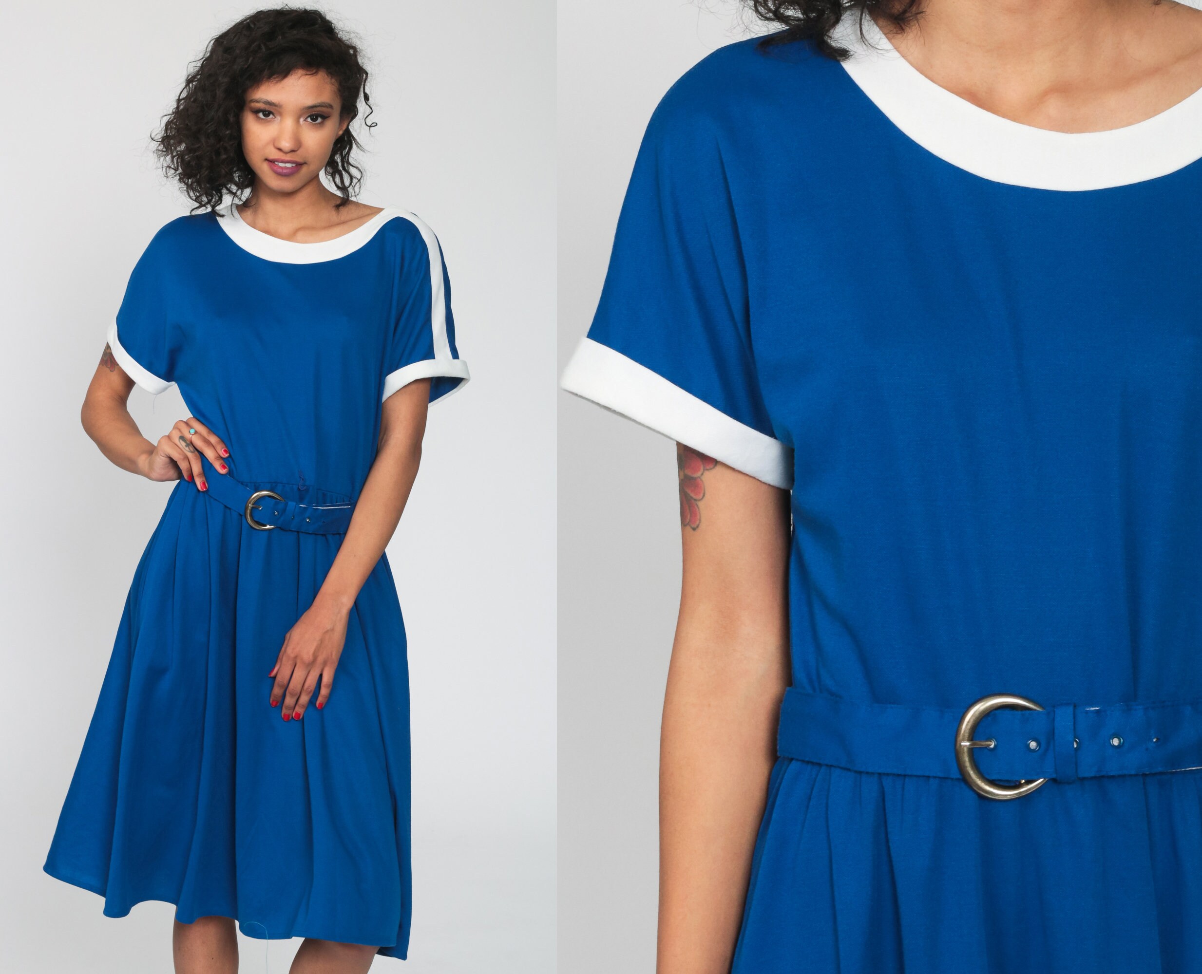 80s Midi Dress Plain Royal Blue Short 