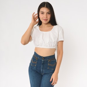Vintage Peasant Crop Top 90s White Milkmaid Shirt Hippie Boho Blouse 1990s Bohemian Cotton Blouse Cottagecore Extra Small xs