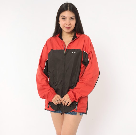 2000s Nike Windbreaker Red Black Color Block Stand Collar White Piping Athletic Track Jacket Sporty Streetwear Running Coat Vintage Small S