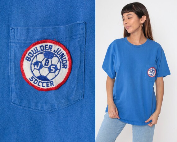 90s Boulder Junior Soccer Shirt Blue Patch TShirt Graphic T Shirt Vintage 1990s Sports Shirt Sportswear Streetwear Cotton Crewneck Large L