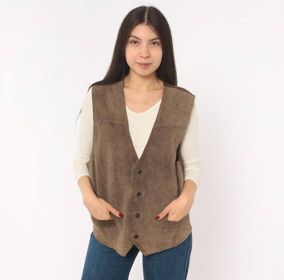 90s Suede Leather Vest Bugle Boy Brown Button Front V Neck Waistcoat Western Layering Top Sleeveless Pocketed Vintage Medium M