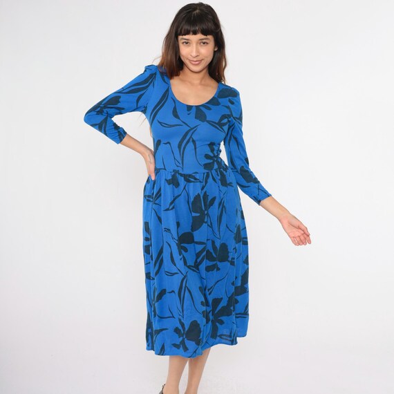 80s Floral Dress Blue Midi Dress 3/4 Puff Sleeve Dress Fit and Flare Vintage 1980s Low Waist Scoop Neck Pockets Small