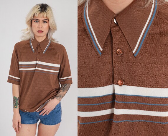 Brown Striped Polo Shirt 70s Collared T-Shirt Striped Retro Preppy Short Raglan Sleeve TShirt Brick Textured Top Vintage 1970s Medium Large