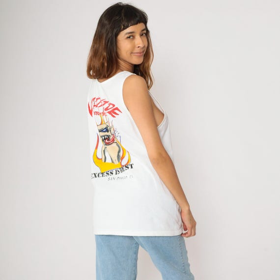 Vintage 90s Flames Biker Tank Top Wildside Custom Cycles White San Diego Graphic Shirt Motorcycle Shop Sleeveless Muscle Tee Hog Medium M