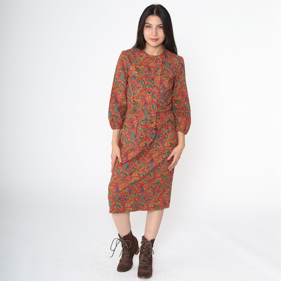 60s Paisley Dress Ruffle Front Midi Dress Red Retro Button up Shirtdress High Waisted Long Sleeve Psychedelic Print Vintage 1960s Small S