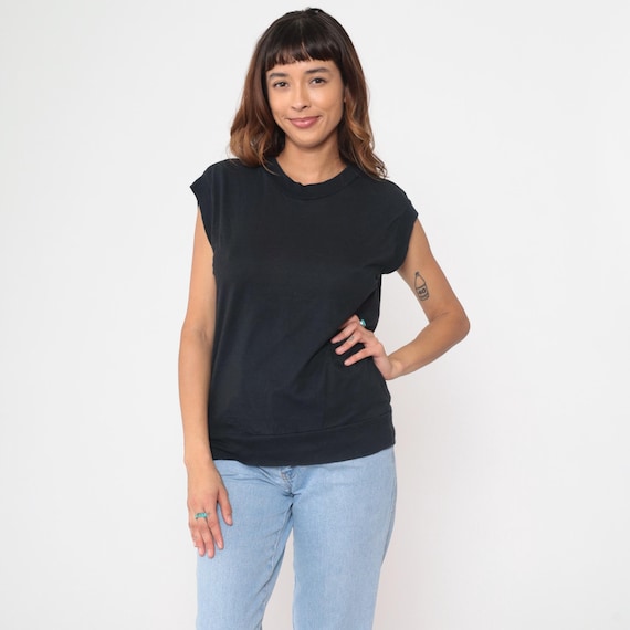 Muscle Tank Top 90s Black Sleeveless Shirt Ribbed Collar Surf Casuals Vintage Plain Cap Sleeve Slouchy   T Shirt  Oversized Fit Large L