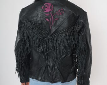 Vintage 90s Leather Fringe Jacket Black Floral Purple Suede