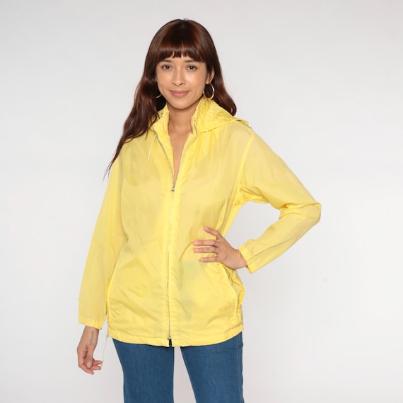 Hooded Windbreaker 80s Yellow Jacket Running Zip up Hoodie Nylon Hood Retro Swishy Lightweight Vintage 1980s Medium M