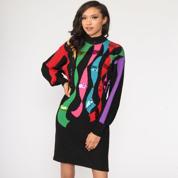80s Sweater Dress Rainbow Sequin Dress MOHAIR Str… - image 3