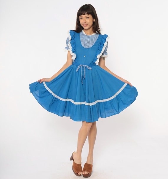 80s Blue Gingham Mini Prairie Dress Eyelet Lace Ruffle Cottagecore Fairycore Cotton Square Dance Folk Coquette Lolita Small To Medium S M
