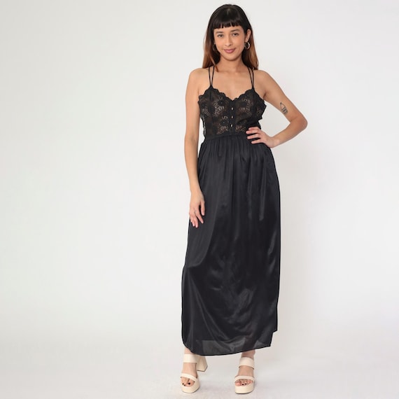 80s Black Lace Nightgown Vintage Slip Maxi Dress Sheer Lingerie Boho 1980s Sweetheart Neck High Waisted Spaghetti Strap Small S