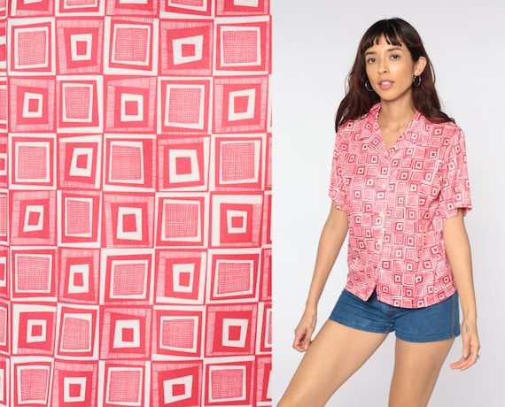70s Geometric Shirt Red White Psychedelic Shirt Disco Shirt Boho Top Vintage 1970s Short Sleeve Shirt Small Medium